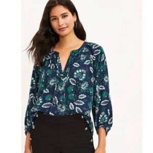 Loft Shirred Tie Neck Green Floral Blouse Top